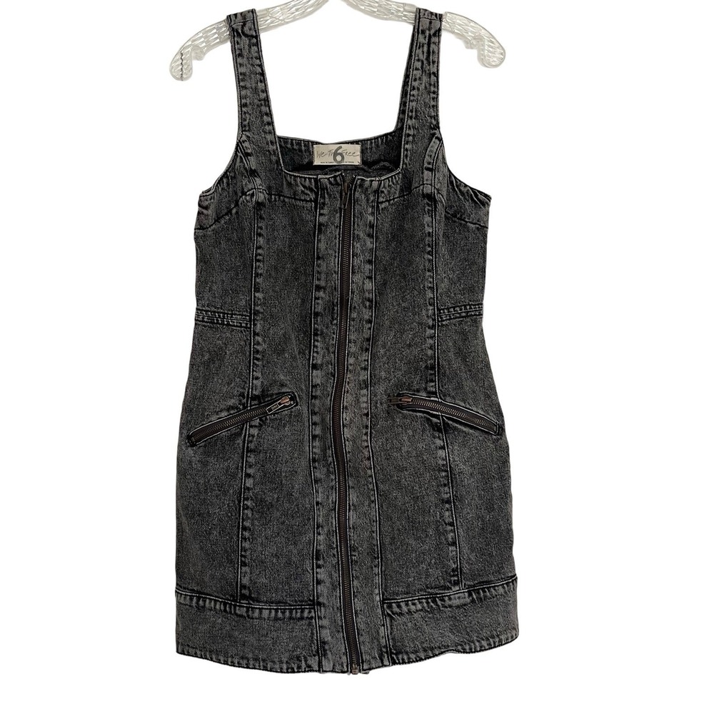 Free People Black Acid Wash Jean Dress,‎ Front Zipper Size 6 Mini Festival New